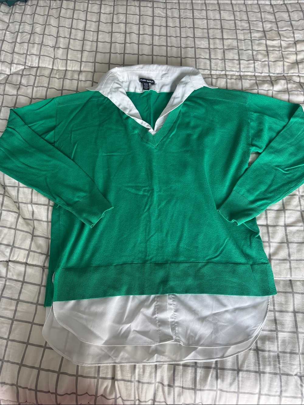 Hillary Radley Women’s Green V-Neck Layered Sweater with White Shirt Detail